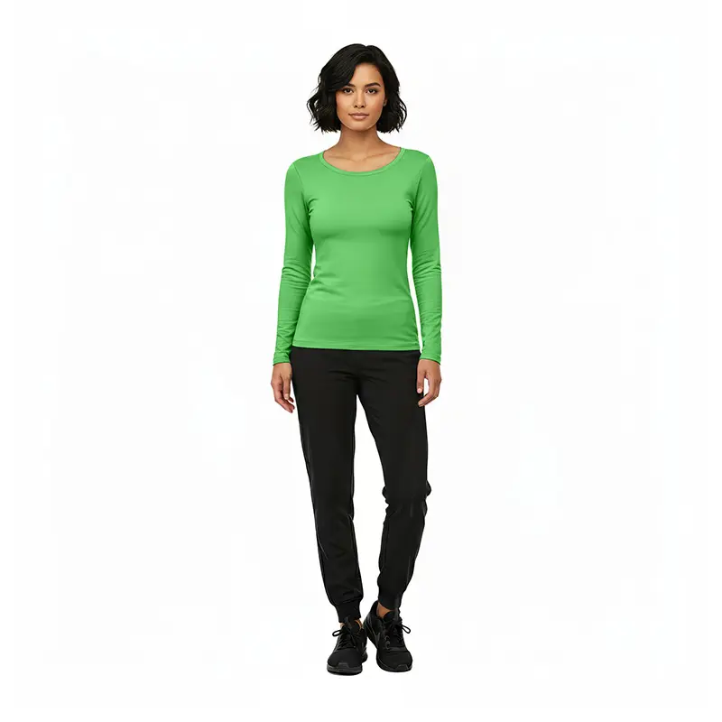 Wholesale women's green long-sleeve crew neck top with black jogger pants and black lace-up shoes