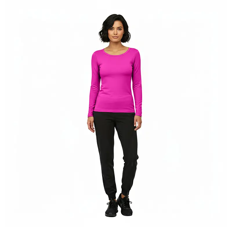 Wholesale women's magenta long-sleeve crew neck top paired with black jogger pants and black lace-up shoes