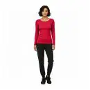 Wholesale women's red long-sleeve crew neck top paired with black jogger pants and black lace-up shoes