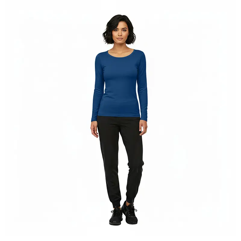 Wholesale women's blue long-sleeve crew neck top paired with black jogger pants and black lace-up shoes