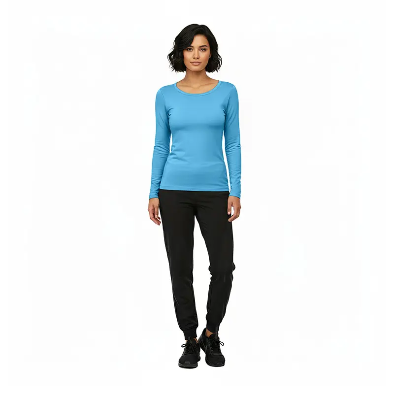 Wholesale women's blue long-sleeve crew neck top and black jogger pants set