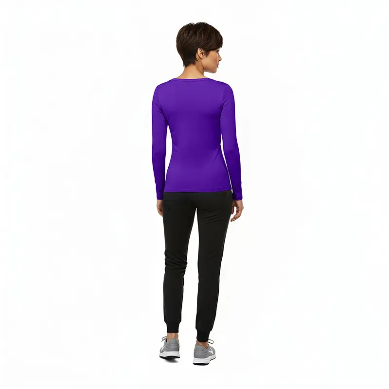 Wholesale women's purple long sleeve top with black jogger pants and gray sneakers