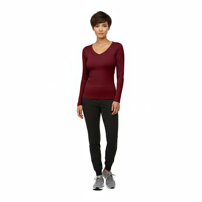Wholesale women's burgundy v-neck long sleeve top with black jogger pants and gray sneakers