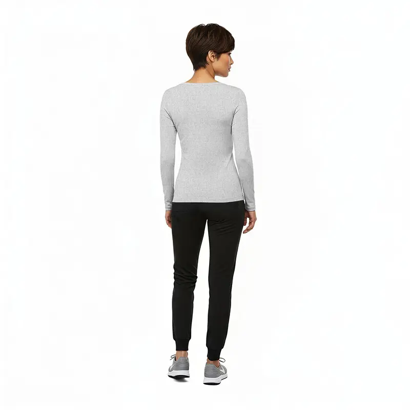 Wholesale women's gray long-sleeve ribbed top with black jogger pants and gray sneakers