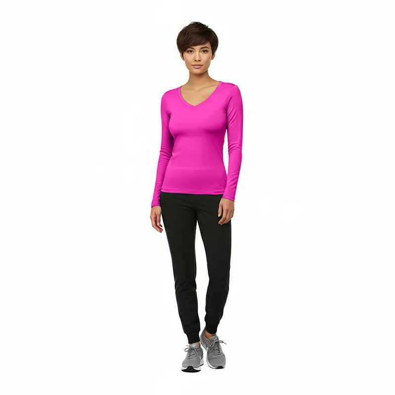 Wholesale women's hot pink long-sleeve v-neck top with black jogger pants and gray sneakers