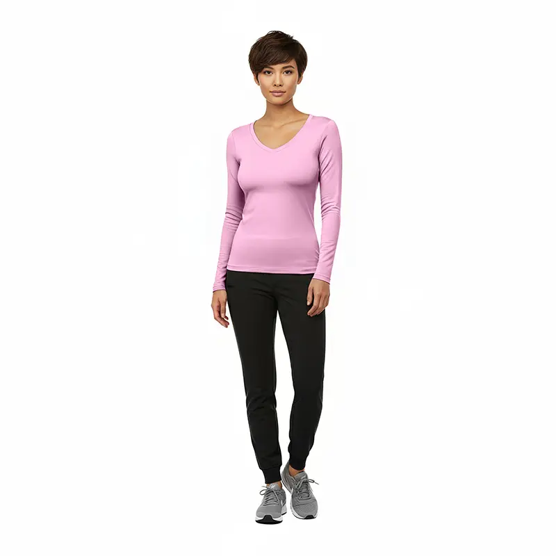 Wholesale women's pink long-sleeve v-neck top with black jogger pants and gray sneakers