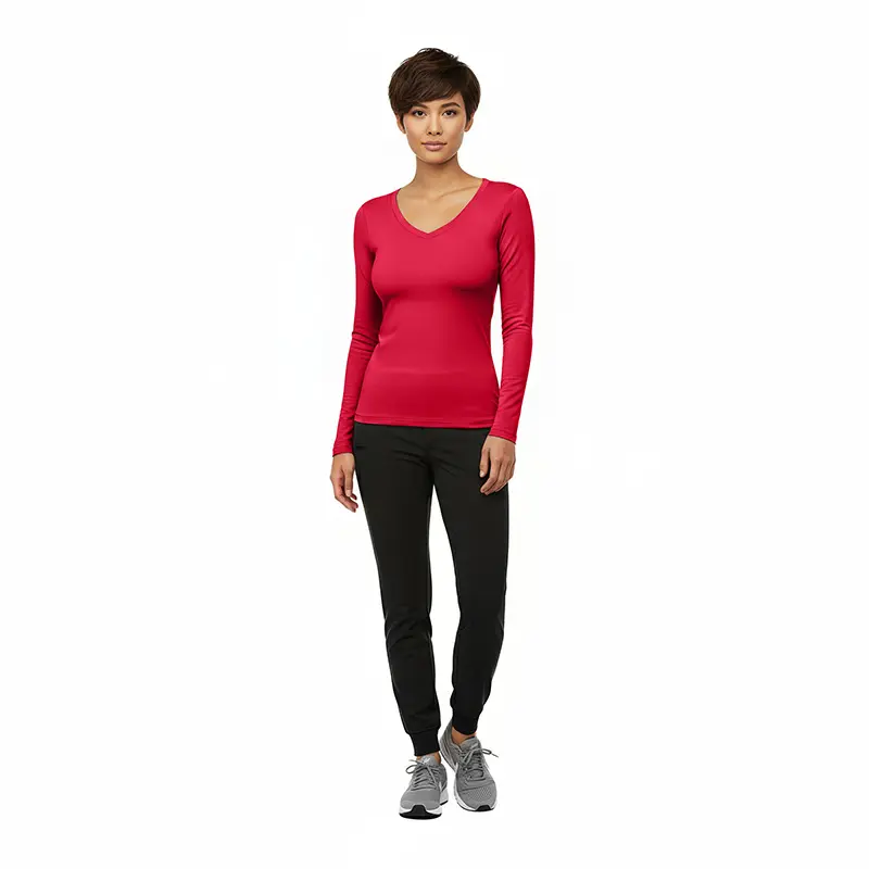Wholesale women's red long-sleeve v-neck top paired with black jogger pants and gray athletic shoes