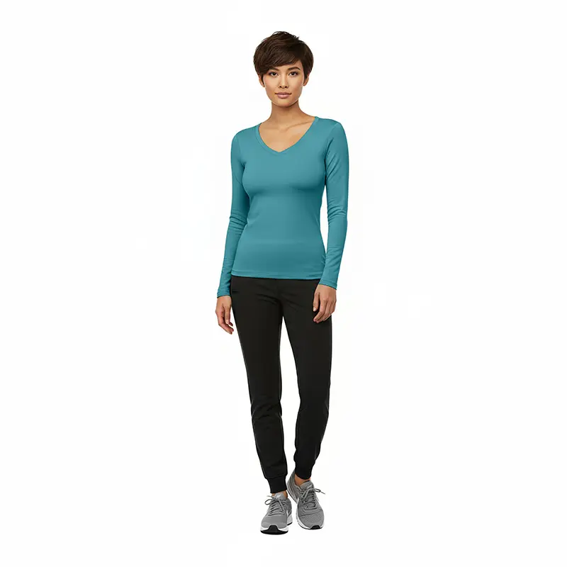 Wholesale women's teal long-sleeve v-neck top with black jogger pants and gray sneakers