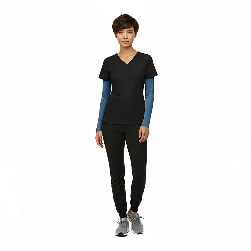 Wholesale women's black v-neck t-shirt with blue long sleeve layering shirt and black jogger pants