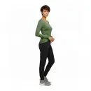 Wholesale women's green long-sleeve v-neck top with black pants and gray athletic shoes