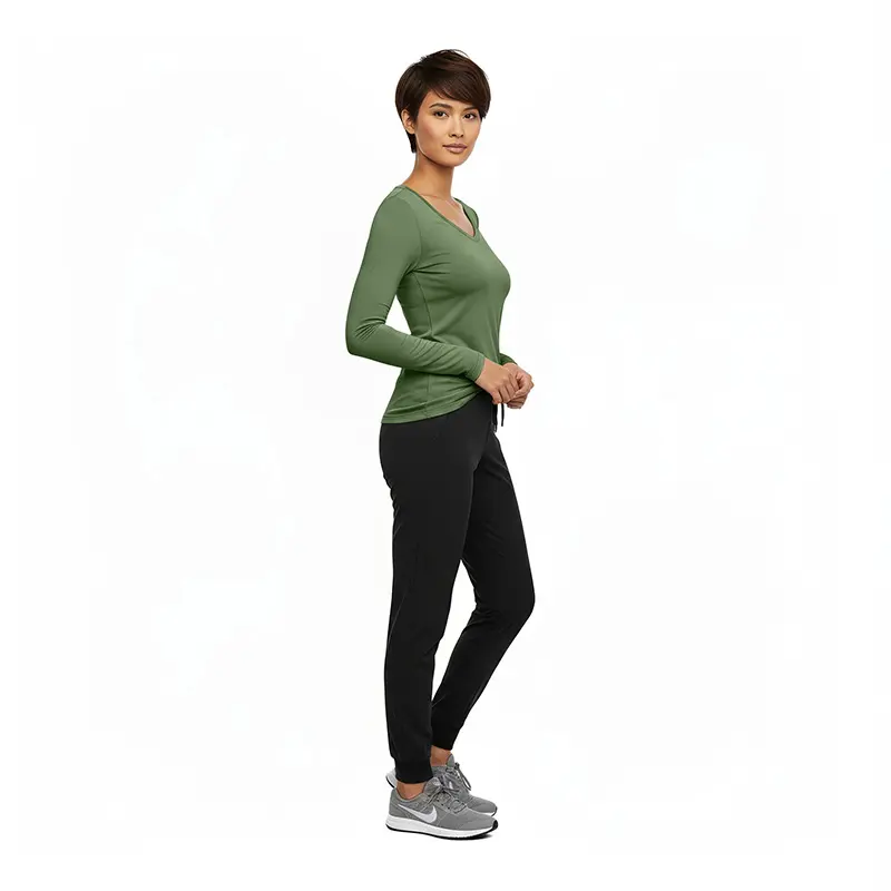 Wholesale women's green long-sleeve v-neck top with black pants and gray athletic shoes