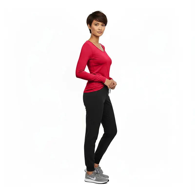 Wholesale women's long-sleeve v-neck athletic top in red with black leggings and gray sneakers