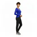 Wholesale women's blue long-sleeve v-neck top with black pants and gray sneakers