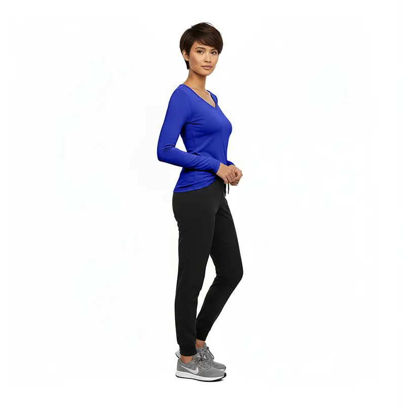 Wholesale women's blue long-sleeve v-neck top with black pants and gray sneakers