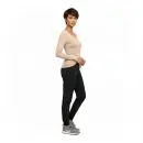 Wholesale women's long-sleeve v-neck top in beige with black leggings and gray sneakers