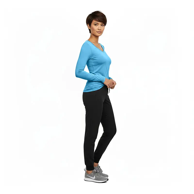 Wholesale women's blue long-sleeve v-neck top with black pants and gray sneakers