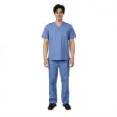 Wholesale men's blue scrubs set with v-neck top and cargo pants with multiple pockets