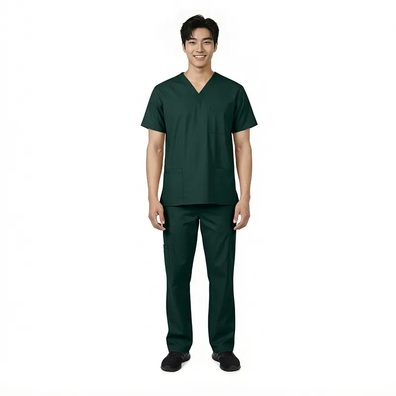 Wholesale men's dark green v-neck scrub top and cargo pants set