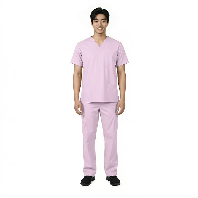 Wholesale men's pink v-neck scrub top and cargo pants set with short sleeves and pockets