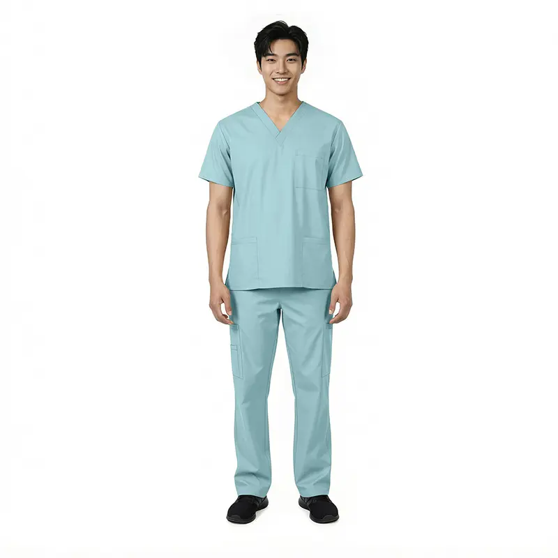 Wholesale women's seafoam scrubs set with short-sleeve v-neck top and cargo pants with pockets