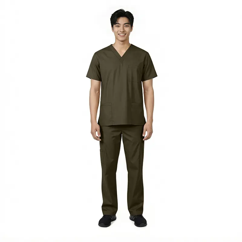 Wholesale men's olive green scrub set with v-neck top and cargo pants