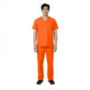 Wholesale men's orange v-neck scrub top and pants set with front pockets
