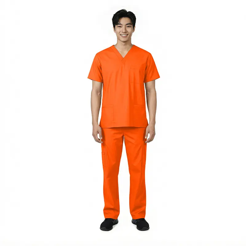 Wholesale men's orange v-neck scrub top and pants set with front pockets