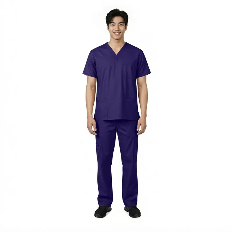 Wholesale men's navy scrub set with v-neck top and cargo pants with black shoes