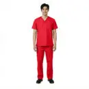 Wholesale men's red v-neck scrub set with short sleeves and matching pants with pockets