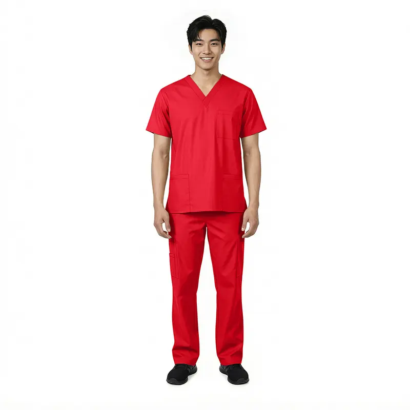 Wholesale men's red v-neck scrub set with short sleeves and matching pants with pockets