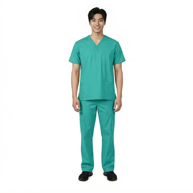 Wholesale men's teal scrub set with v-neck top and cargo pants with pockets