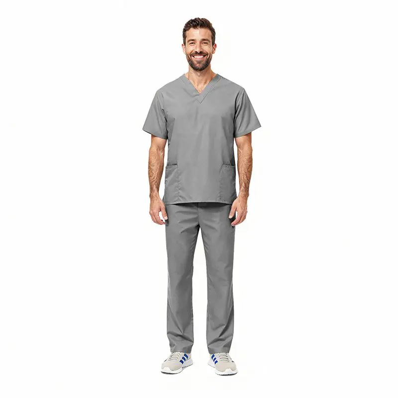 Wholesale men's gray v-neck scrub top and pants set with front pockets