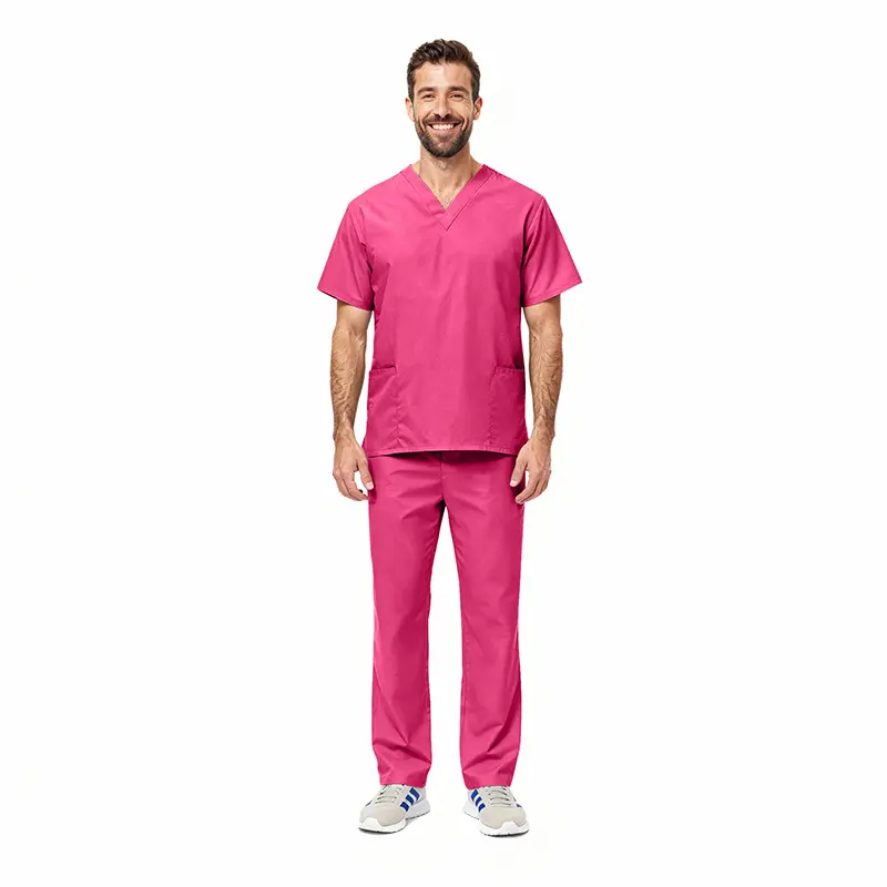 Wholesale men's hot pink v-neck scrub top and pants set with short sleeves and front pockets