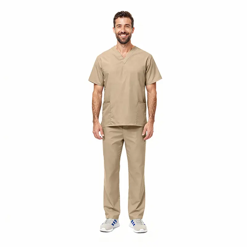 Wholesale men's tan v-neck scrub top and pants set with short sleeves and front pockets