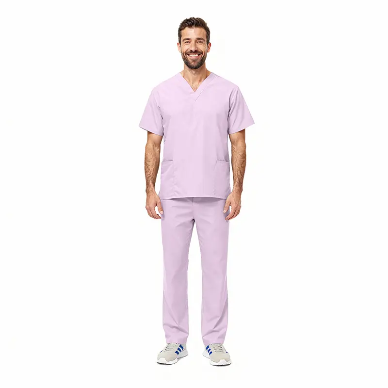 Wholesale men's lavender v-neck scrub top and pants set with front pockets