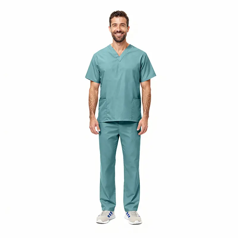Wholesale men's teal scrubs set with v-neck top and straight-leg pants with pockets