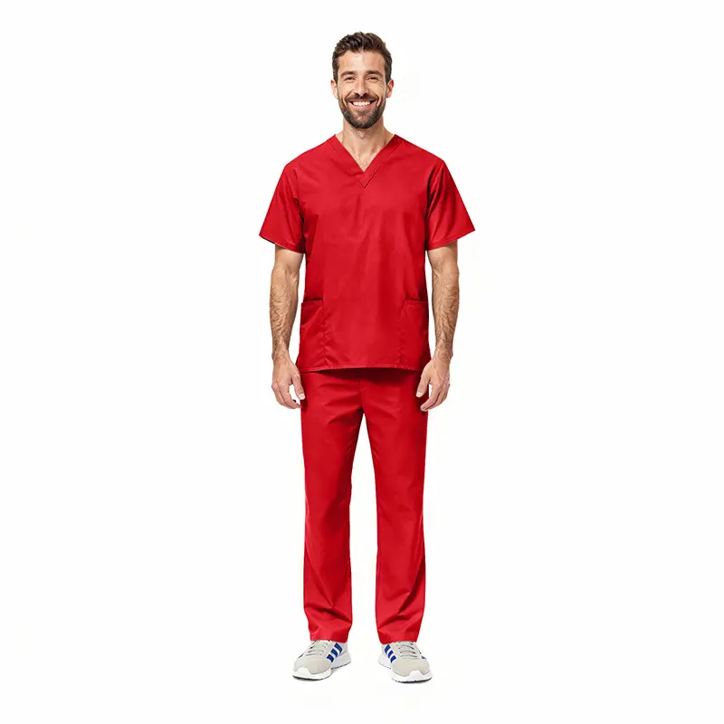 Wholesale men's red scrubs set with v-neck top and straight-leg pants