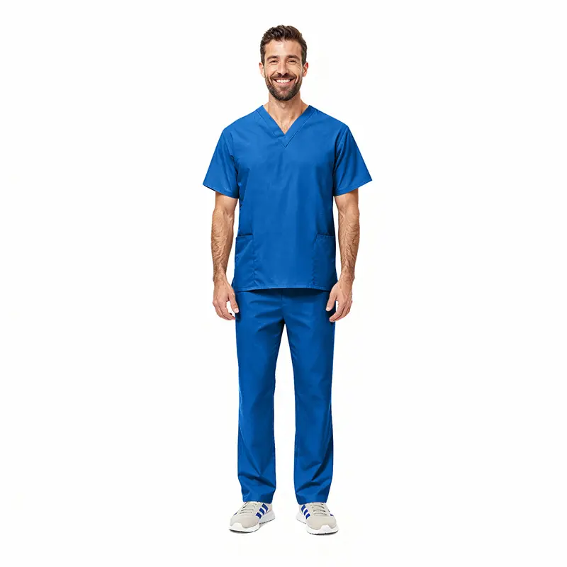 Wholesale men's blue scrubs set with v-neck top and straight-leg pants