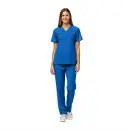 Wholesale women's blue v-neck scrub top and pants set with short sleeves