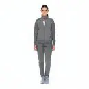 Wholesale women's gray zip-up jacket and matching jogger pants set with white undershirt and light blue sneakers
