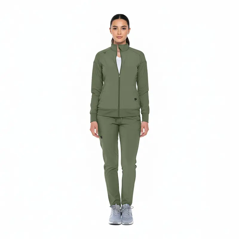 Wholesale women's olive green zip-up tracksuit with matching jogger pants and white sneakers