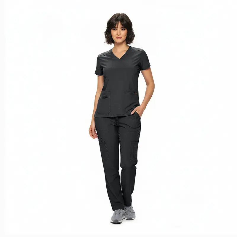 Wholesale women's black v-neck scrub top and cargo pants set with short sleeves and multiple pockets