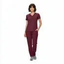 Wholesale women's burgundy scrub set with v-neck top and cargo pants with pockets