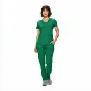 Wholesale women's green v-neck scrub top and cargo pants set with short sleeves