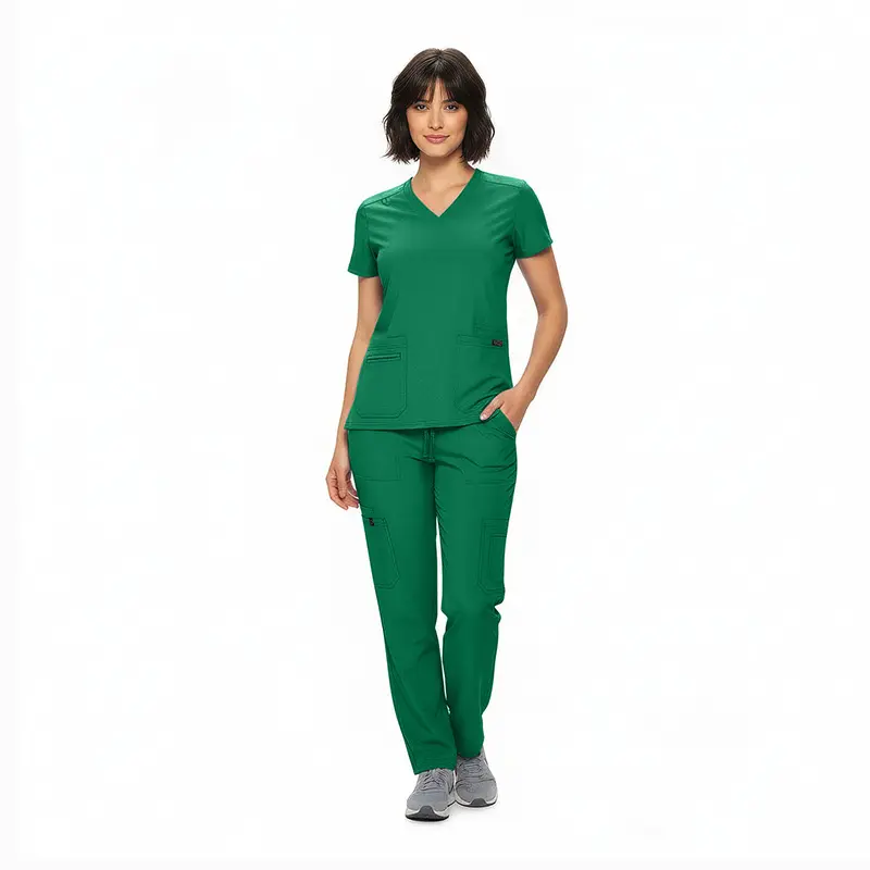 Wholesale women's green v-neck scrub top and cargo pants set with short sleeves