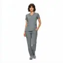 Wholesale women's gray heathered scrub set with v-neck top and cargo pants
