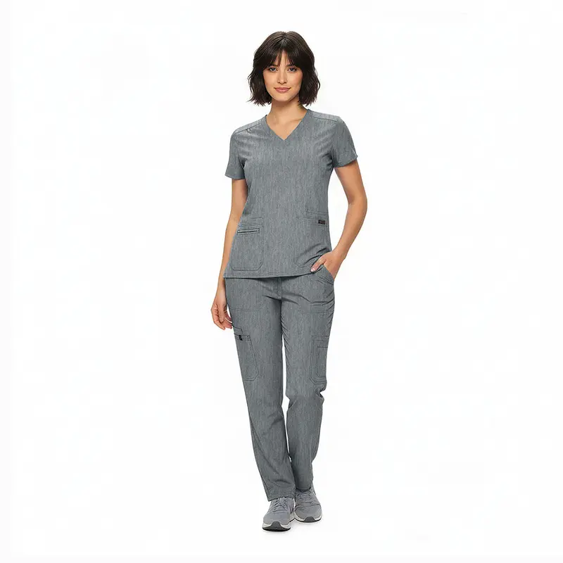 Wholesale women's gray heathered scrub set with v-neck top and cargo pants