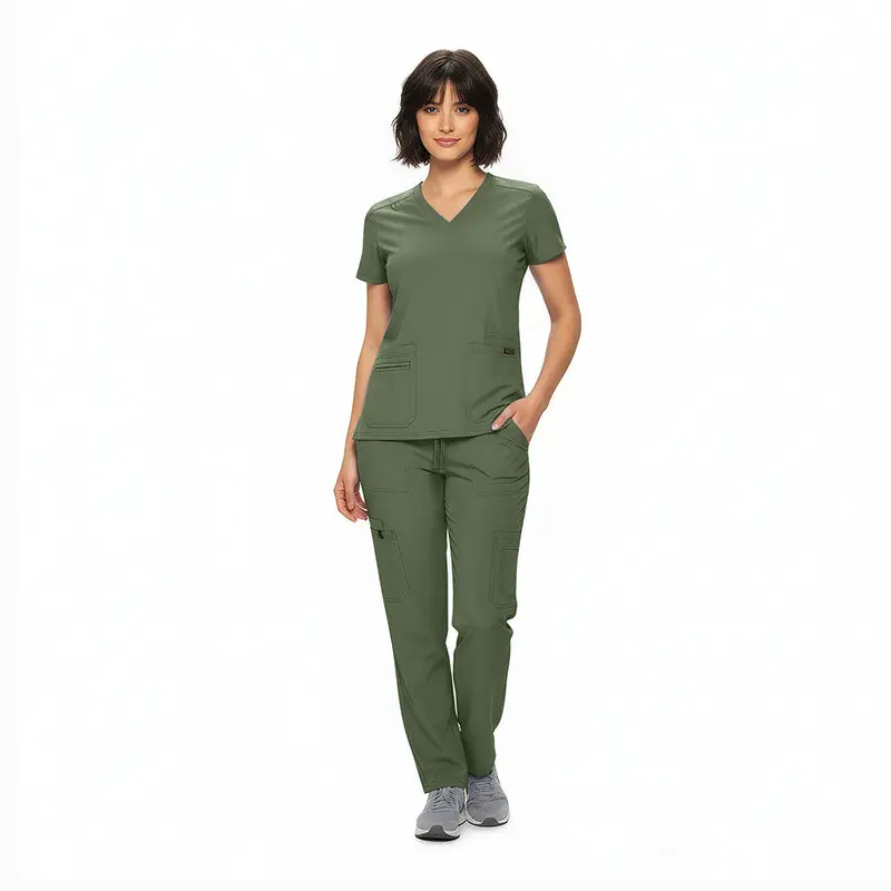 Wholesale women's olive green v-neck scrub top and cargo pants set with pockets