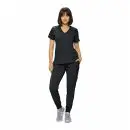 Wholesale women's black v-neck scrub top and cargo pants set with short sleeves