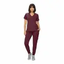 Wholesale women's maroon v-neck scrub top and jogger pants set with short sleeves and pockets